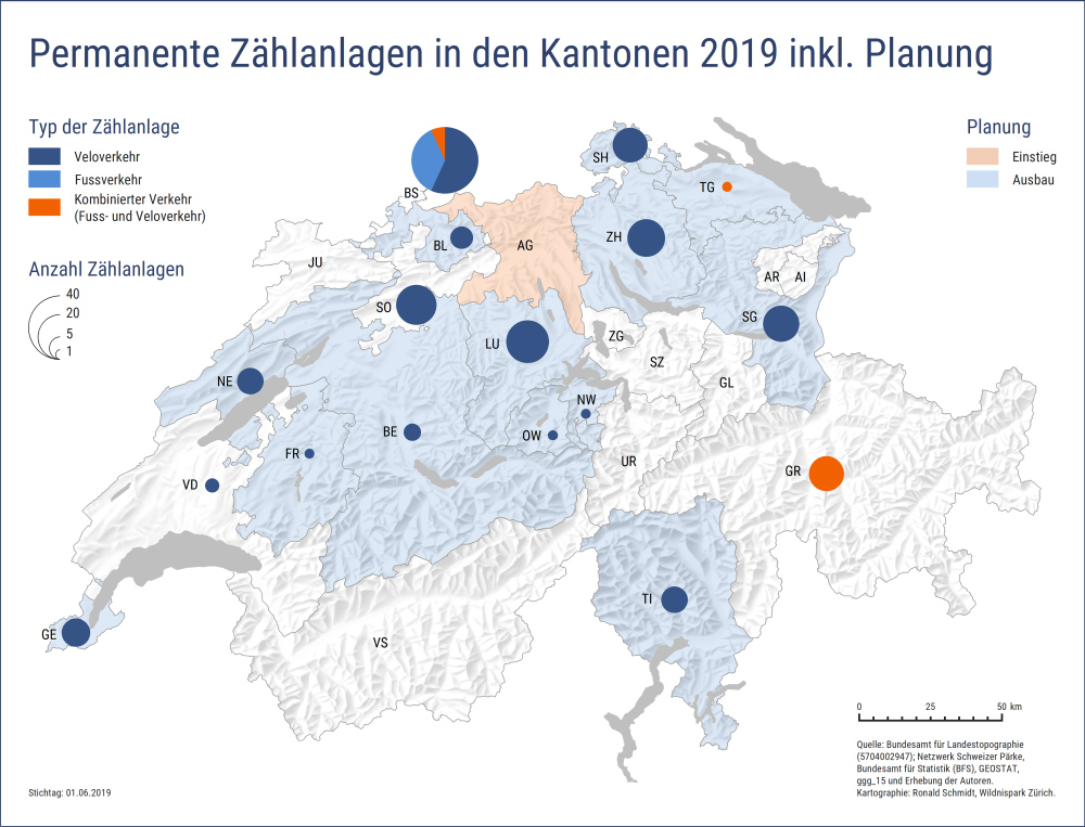 Karte Zählanlagen der Kantone 2019 und Planung